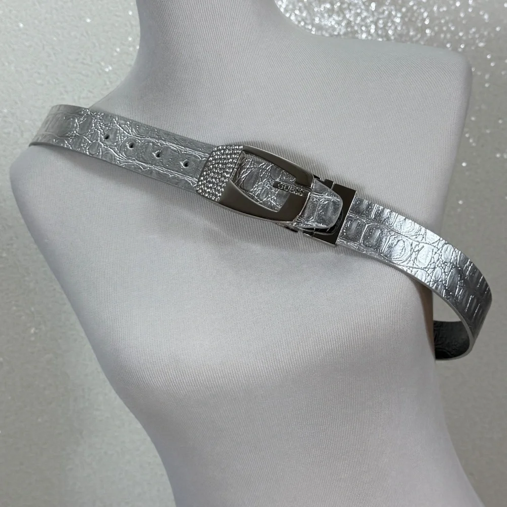 GUESS Silver Belt Rhinestone Buckle Metallic Faux Leather 38- 42 Waist